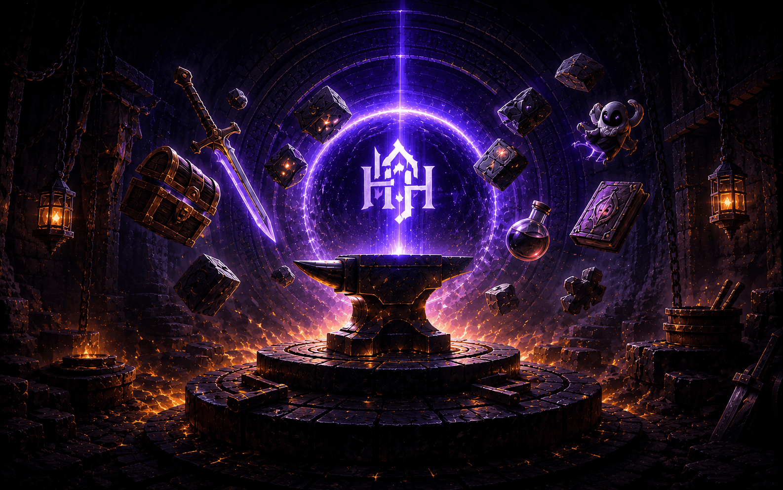 A magical anvil under a glowing portal, surrounded by floating dice, a sword, a chest, a potion, and a tome. Game development as forge work.