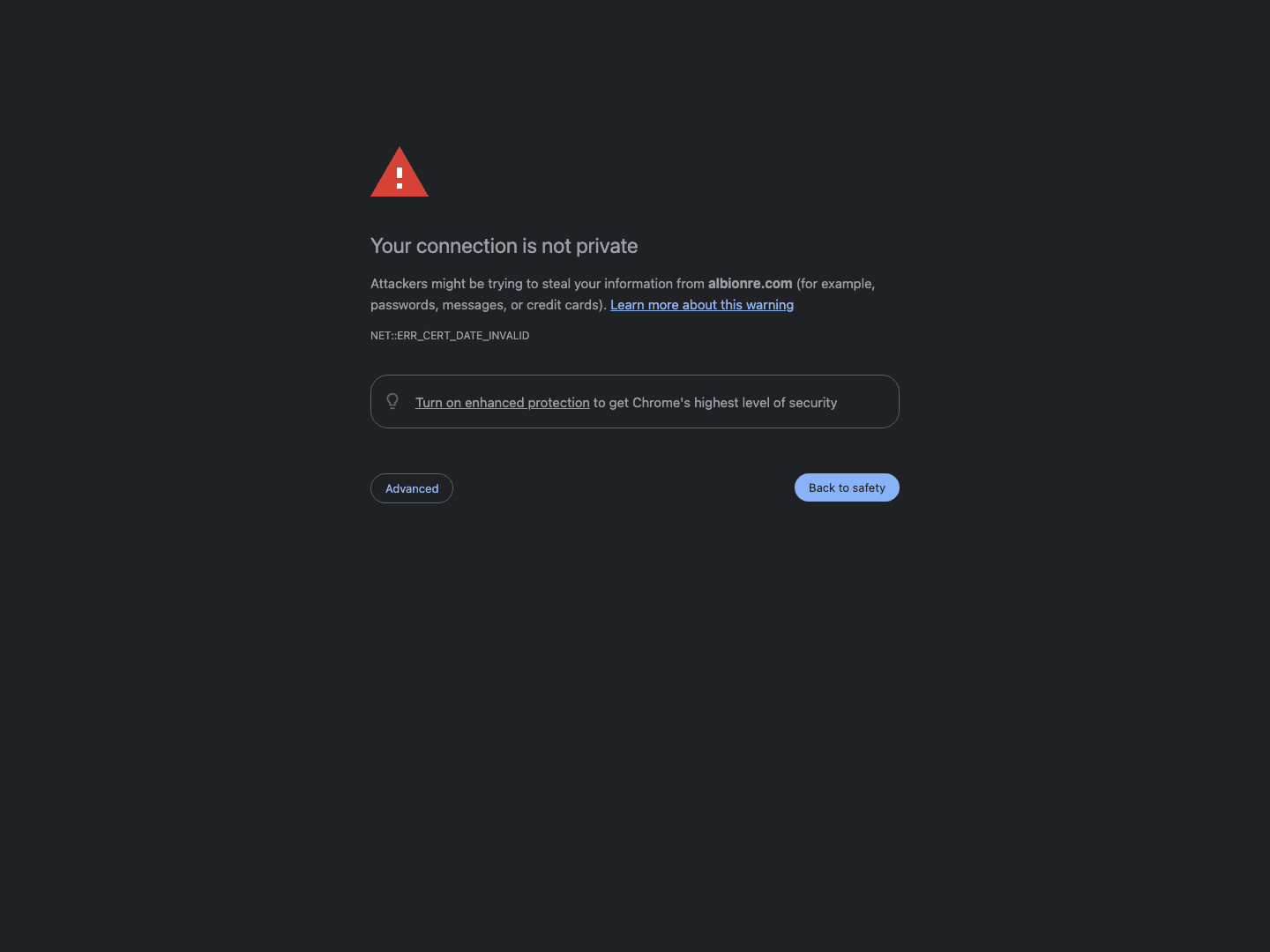 The before: visitors to the old domain were met with an expired security certificate warning instead of a website
